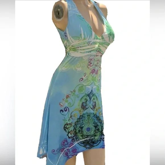 Cristinalove | Dresses | Womens Sun Dress Beaded Embellished Sublimation  Rhinestone Aqua Sexy S M L | Poshmark